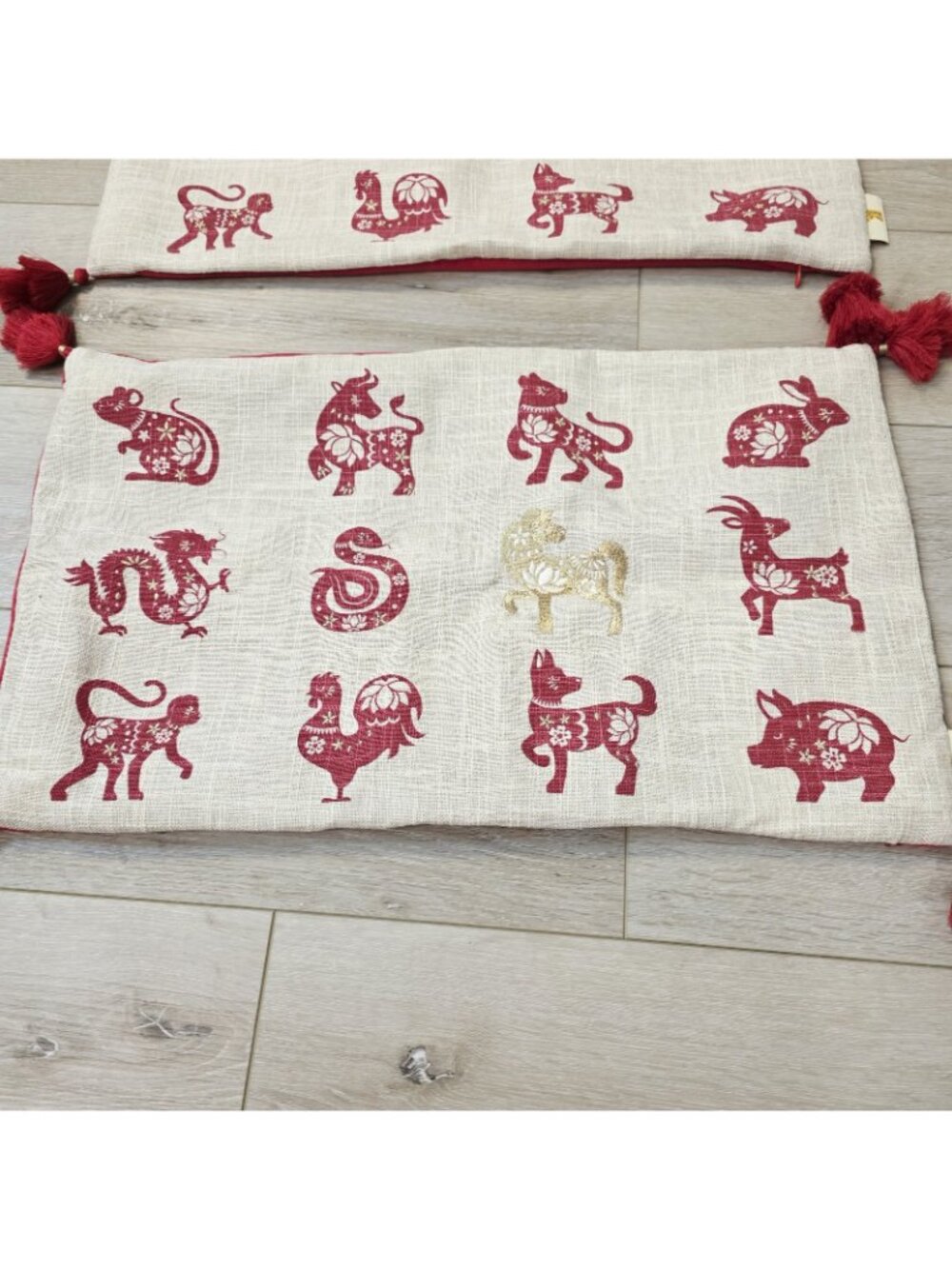 2 Embroidered Chinese Zodiac Signs Theme Red Gold Throw Fringe Pillow Covers - Picture 2 of 9